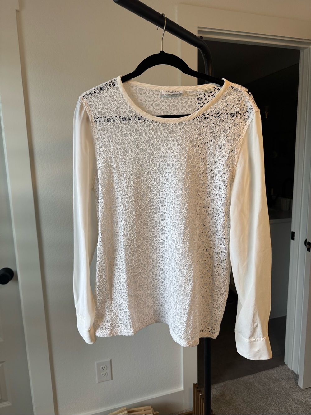 Equipment White Lace-Front Long Sleeve Blouse